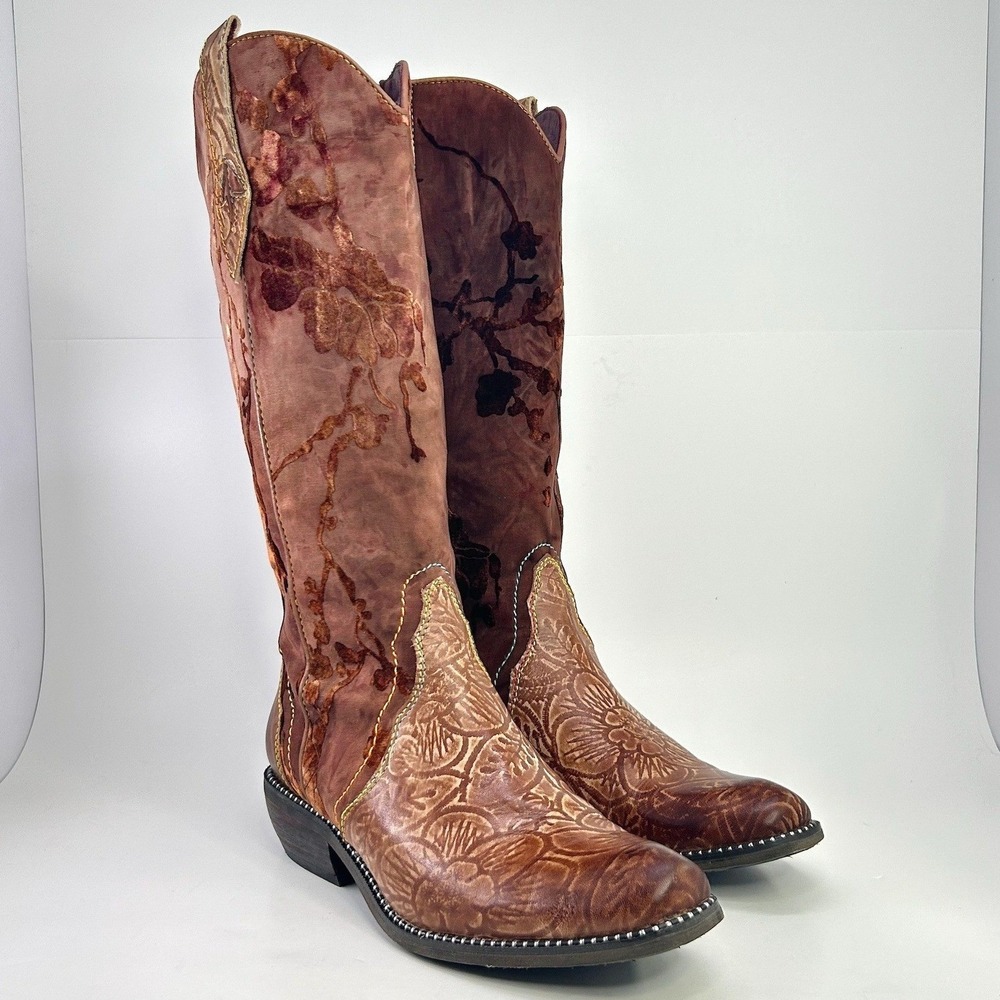 L'Artiste Laretilyn Floral Embossed Brown Leather Western Boots US 6 Boho NIB